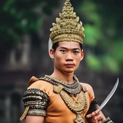 A noble handsome Khmer empire warrior in front of Angkor Wat Temple ...