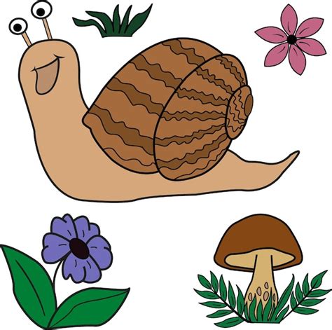 Caracol Do Vetor Dos Desenhos Animados Cogumelo Flores E Grama Verde