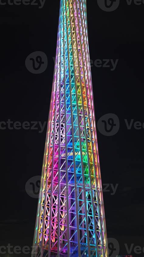 The beautiful sightseeing tower view with the colorful lights on at ...