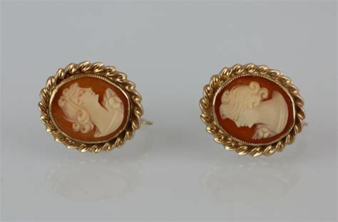 Antique Esemco K Shell Cameo Screw Back Earrings Gem