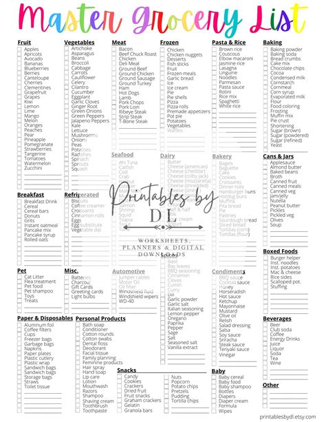 Master Grocery List Printable With Divided Sections Instant Download Etsy