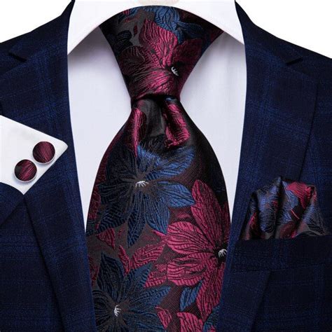 Red Blue Floral Paisley Silk Necktie Pocket Square Cufflinks Set Suit