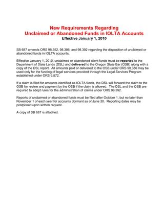 New Requirements For Unclaimed Iolta Funds Oregon Pdf