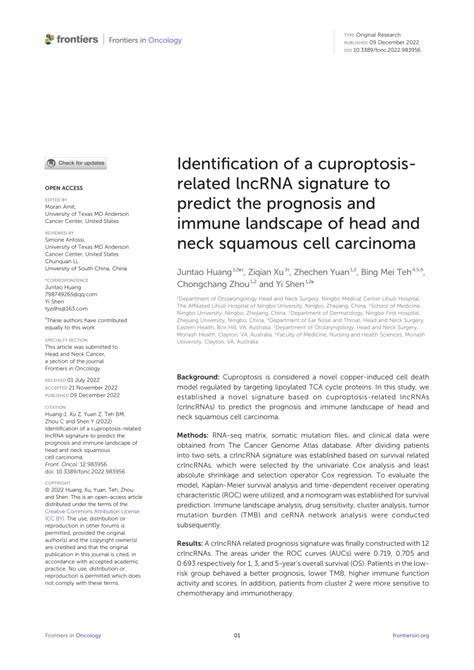 Pdf Identification Of A Cuproptosis Related Lncrna Signature To