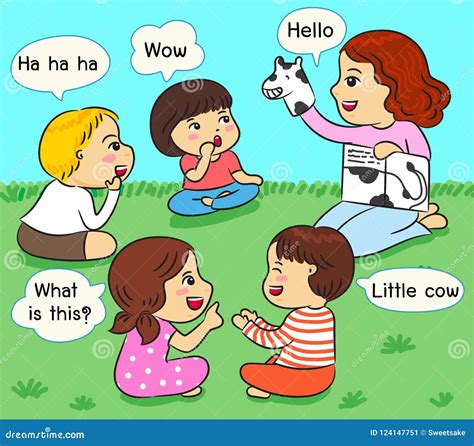 Kids Listening To Storytelling On The Grass Vector Illustration Stock