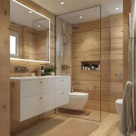 Modern Bathroom With Wood Paneling Premium Ai Generated Image