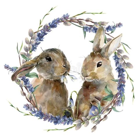 Watercolor Easter Bunny With Floral Wreath Hand Painted Rabbit With