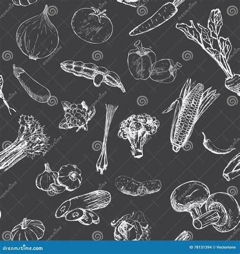 Seamless Pattern With Set Of Vegetable Hand Drawn On Black Background