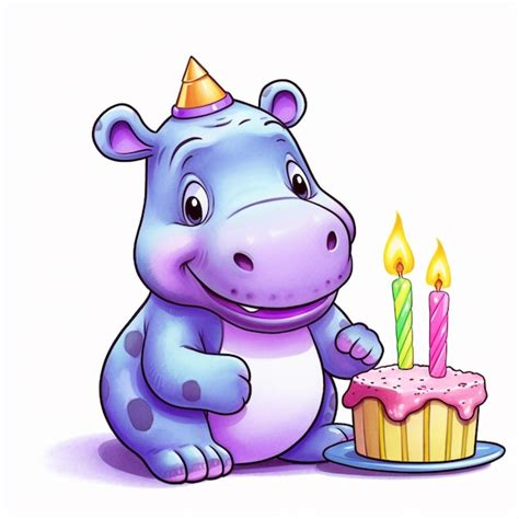 Premium Photo Cartoon Hippo With Birthday Cake And Party Hat