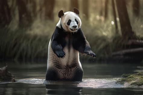 Premium Photo | A panda bear standing in a river