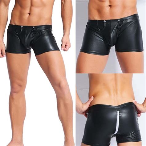 Sexy Mens Lingerie Faux Leather Boxer Shorts Mens Zipper Open Front