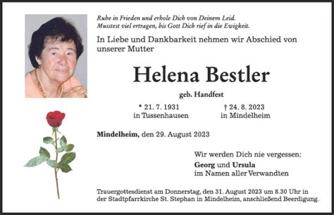 Traueranzeigen Von Helena Bestler Allg Uer Zeitung