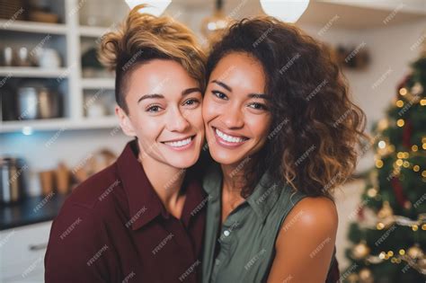 Premium Ai Image Multiracial Lesbian Couple At Home Celebrating