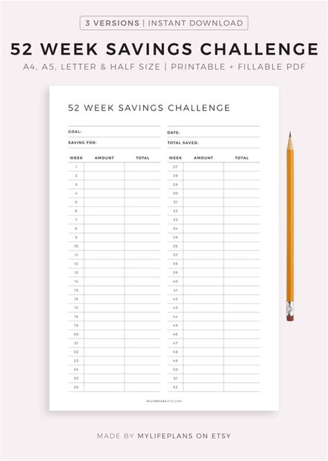 52 Week Savings Challenge Printable Yearly Saving Plan Etsy Uk