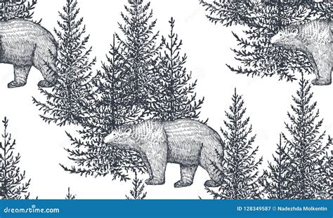 Vector Seamless Pattern With Hand Drawn Bears And Trees Stock Vector