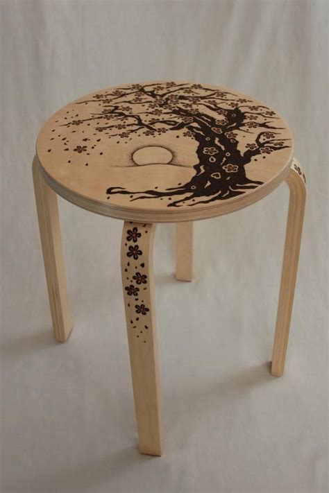 Pyrography Stool Coffee Table Japanese Sunset Blossom Tree Pink Pyrography Art Furniture