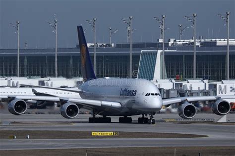 Lufthansa Airbus A380 Taxiing On Munich Airport MUC Editorial