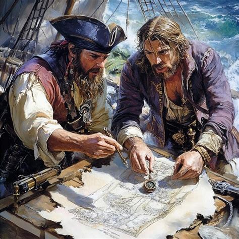 Pirates Using A Sextant And Compass To Follow A Treasure Map Premium