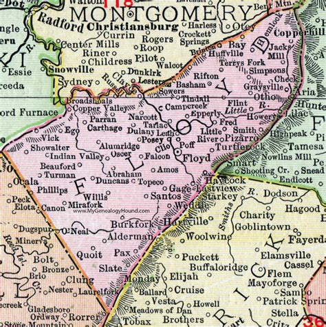 Floyd County Virginia Map 1911 Rand Mcnally Topeco Falcon Narcott