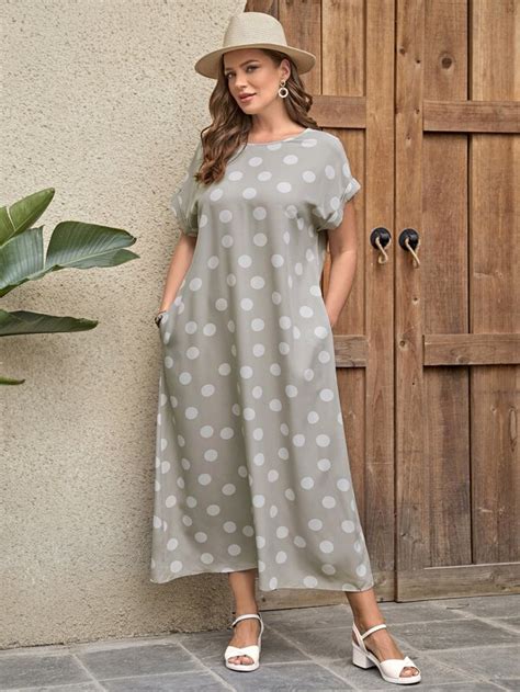 EMERY ROSE Plus Polka Dot Print Hidden Pocket Batwing Sleeve Dress