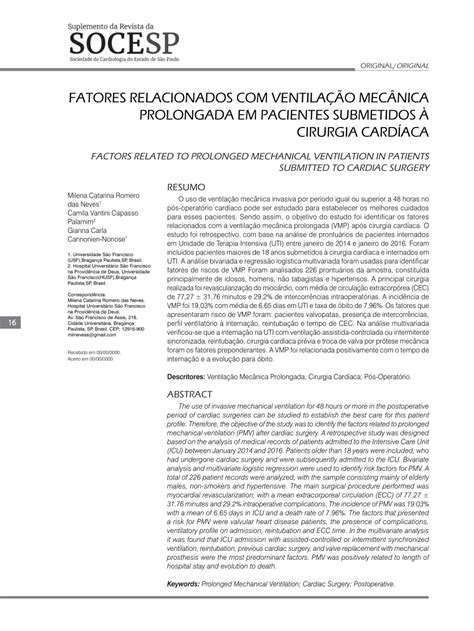 Pdf Fatores Relacionados Com VentilaÇÃo MecÂnica Prolongada Em