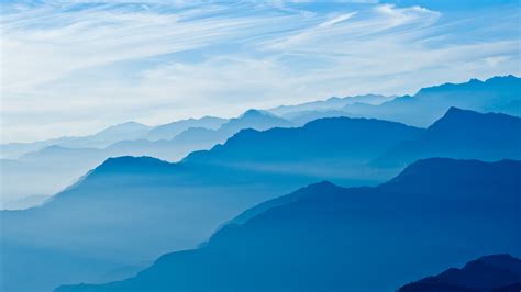 Mountains Wallpaper 4K, Blue Sky, Mountain range, Fog