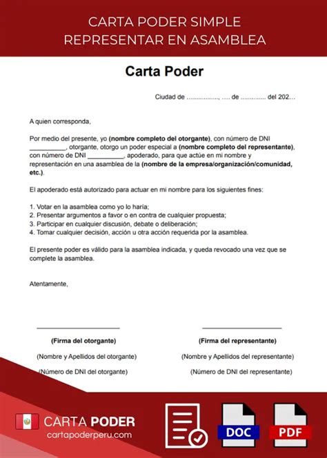 Carta Poder Simple Para Representar En Asamblea ️