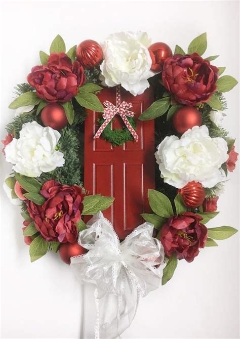 Red Door Wreath Red And White Christmas Front Door Wreath Floral