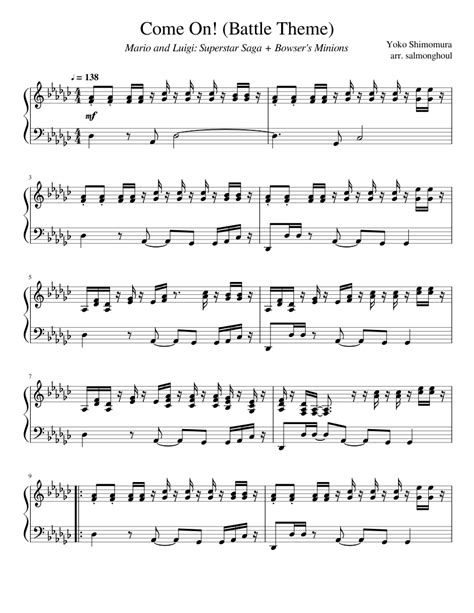 Come On Battle Theme Mario And Luigi Superstar Saga Bowser S Minions Sheet Music For