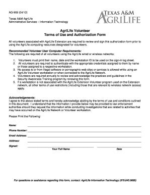 Fillable Online Agrilifeas Tamu AG 908 AgriLife Volunteer Terms Of Use