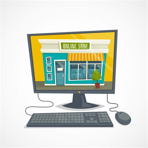 Online Shop Concept With Computer Shop Building, Computer Mouse And ...