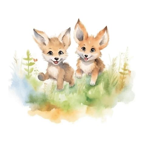 Cartoon De Dois Lobos Bonitos Em Estilo De Pintura A Aquarela Vetor