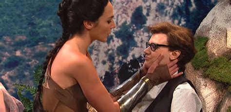 Wonder Woman Snl Sketch Gal Gadot Plants Big Kiss On Kate Mckinnon