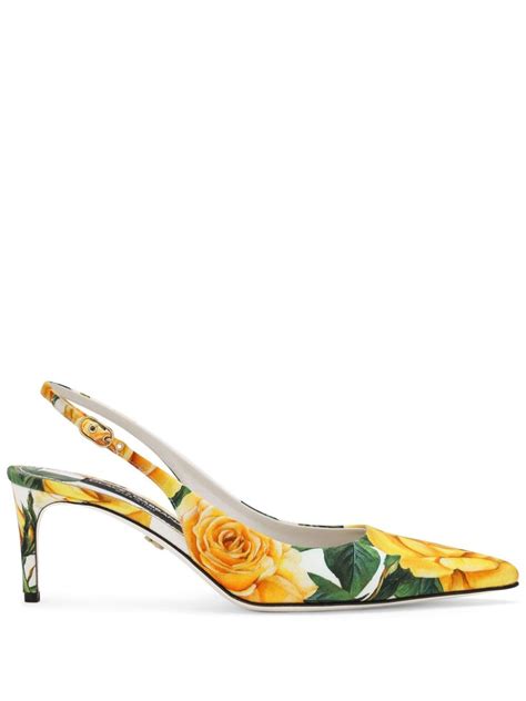 Dolce And Gabbana Floral Print Leather Slingback Pumps Yellow Farfetch