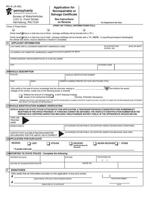 Fillable Application Form For Nonrepairable Or Salvage Certificate