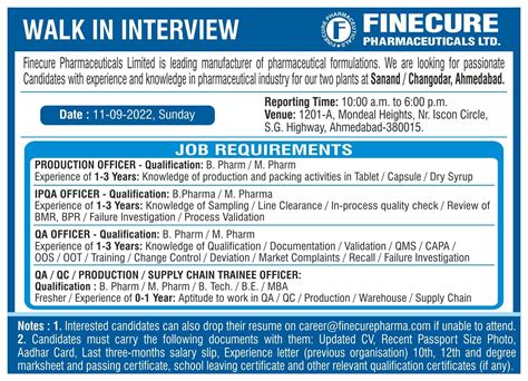 Finecure Pharmaceuticals Ltd Walk In Interview For Production Qa Qc