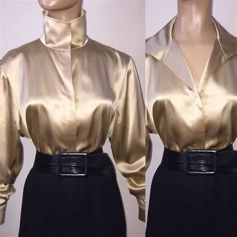 14 L Silk Lafayette 148 Liquid Satin Gold Blouse 44“ Bust Collar High