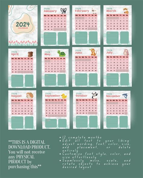 Editable Calendar 2024 Printable Calendar 2024 Aesthetics Calendar 2024