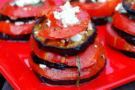 Grilled Eggplant Stacks With Tomato Feta And Basil Eatwell Recipe 35 The Garden Of Eating