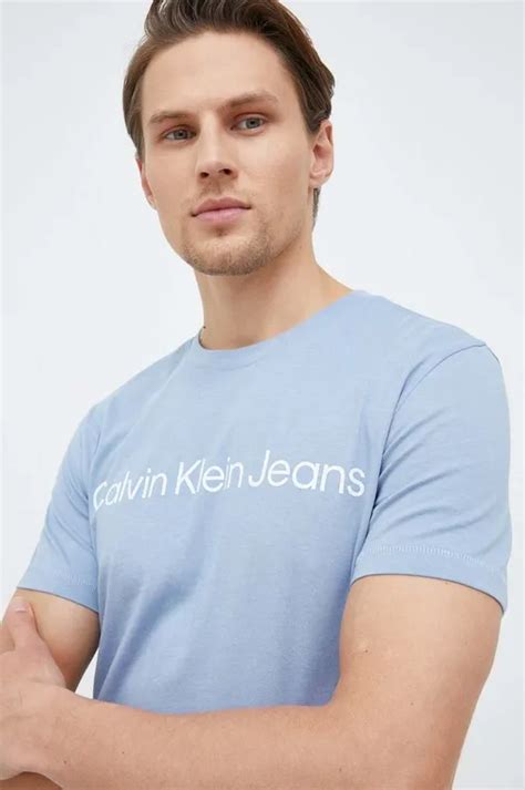 Calvin Klein Jeans T Shirt Bawełniany Kolor Niebieski Z Nadrukiem