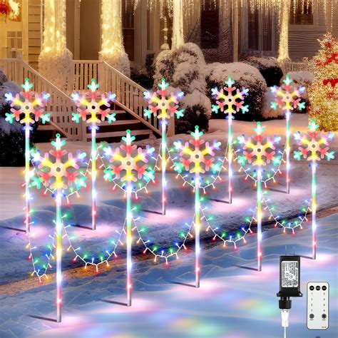 Enhon 10 Pcs Christmas Snowflakes Pathway Stake Lights For Outdoor Yard