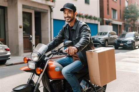 Premium Photo Delivery Man On Motorcycle With Package