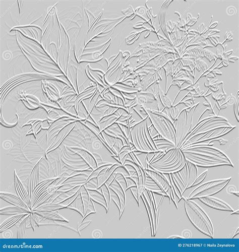 3d Embossed Lines Floral Seamless Pattern Textured Beautiful Flowers Relief Background Repeat