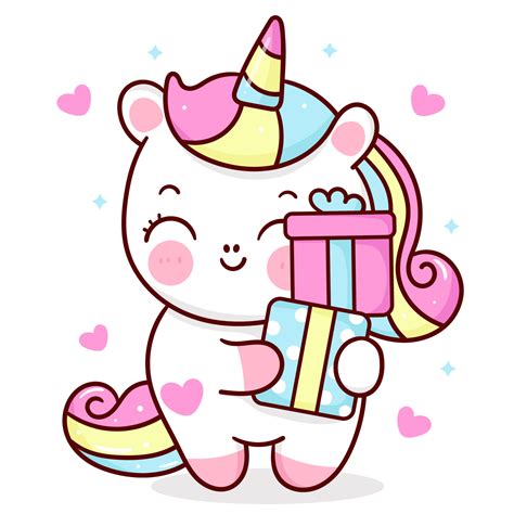 Cute unicorn cartoon kawaii vector holding birthday gift animal horn horse fairytale ...