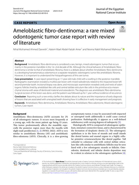 PDF Ameloblastic Fibro Dentinoma A Rare Mixed Odontogenic Tumor Case