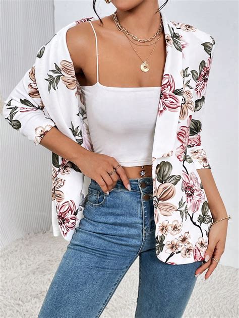 Shein Privé Floral Print Shawl Collar Open Front Blazer Shein Usa