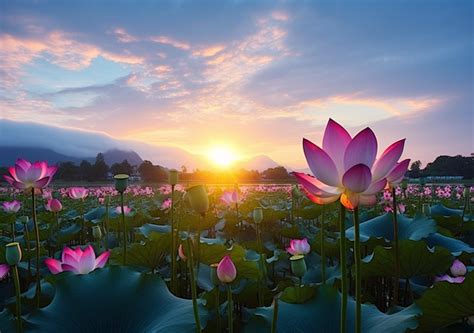 Lotus Flowers Bloom At Sunset In Wugang Background Gyeongnam Cloud