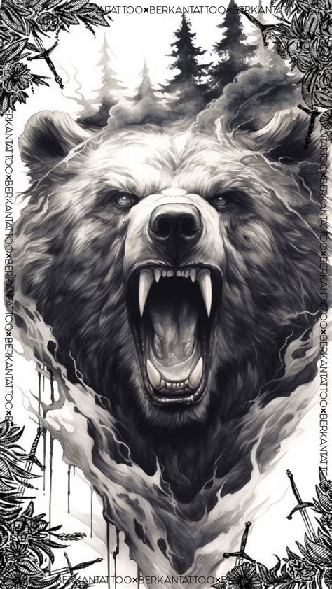 A Black And White Drawing Of A Bear With Its Mouth Open