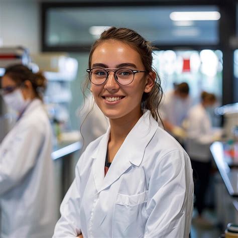 Young Female Scientist In White Coat And Glasses In Modern Medical Lab With Team Of Specialists