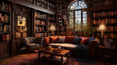 Premium AI Image | Reading room with sofa and library